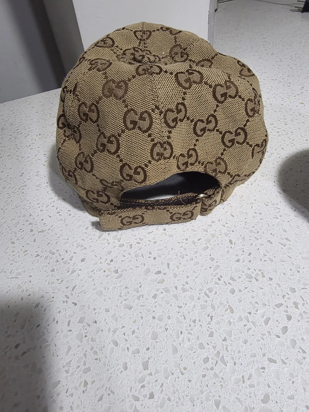 Gucci Tan & Brown GG Canvas Baseball Cap with Gold Logo Patch (Authentic)